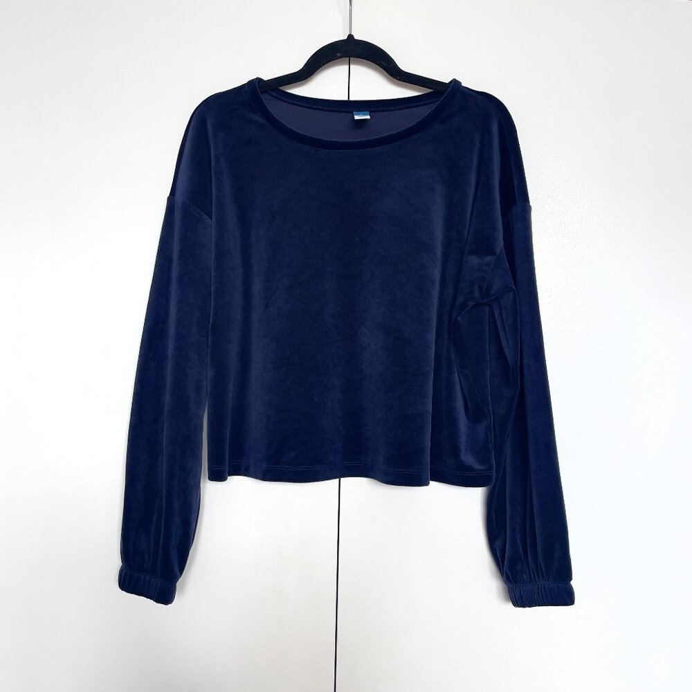 Old Navy | Navy blue velvet balloon long sleeve soft crew neck top | Size M